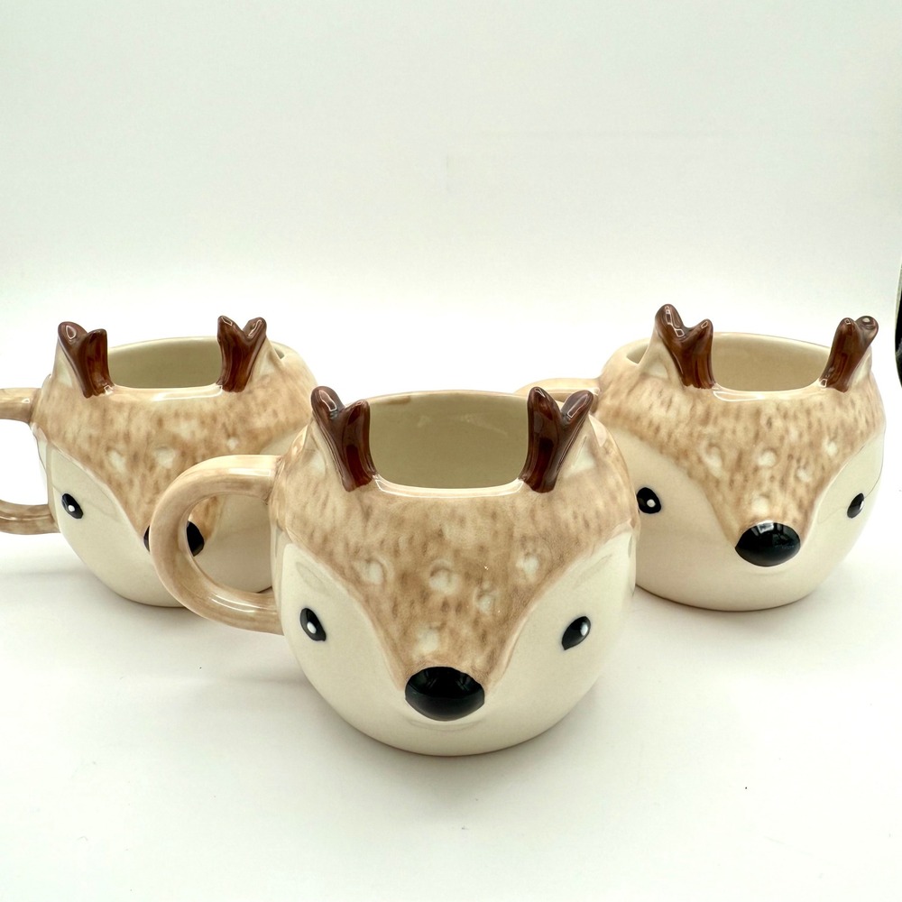 3 H&M Stoneware Reindeer Christmas Mugs Antler Cute Cottagecore Coffee Tea Cups